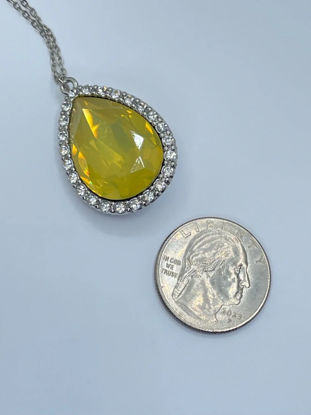 Yellow Crystal Teardrop Pendant Necklace Silver Tone Halo Dainty